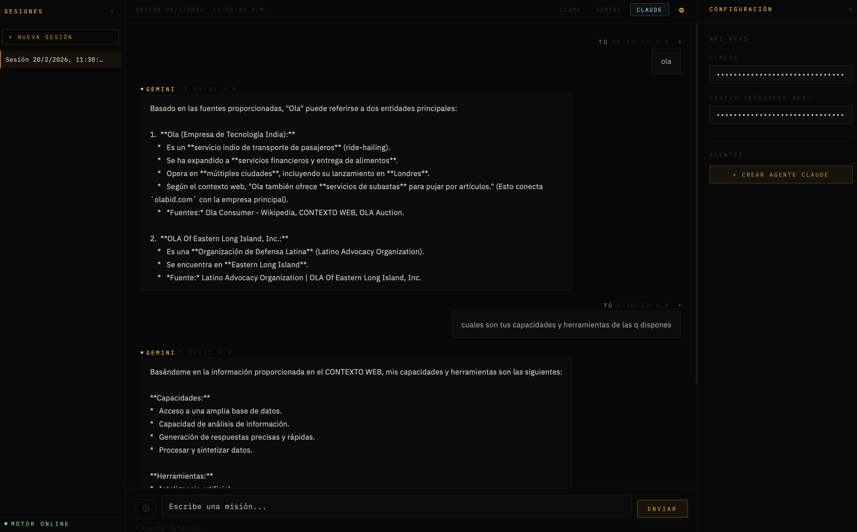 IA One-Click Interface - Panel de control con sesiones, chat de agentes y configuracion de API keys